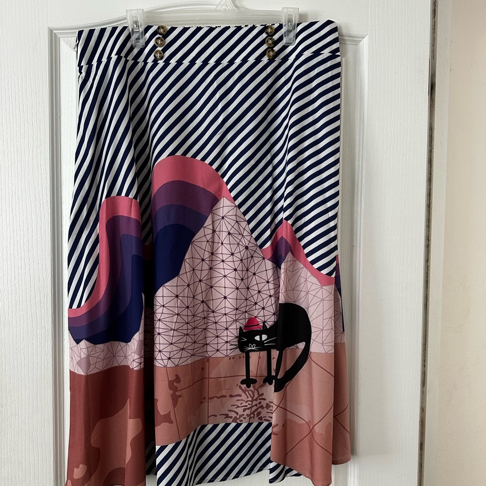 Stylish Pink and Blue A-Line Skirt with Cat Design